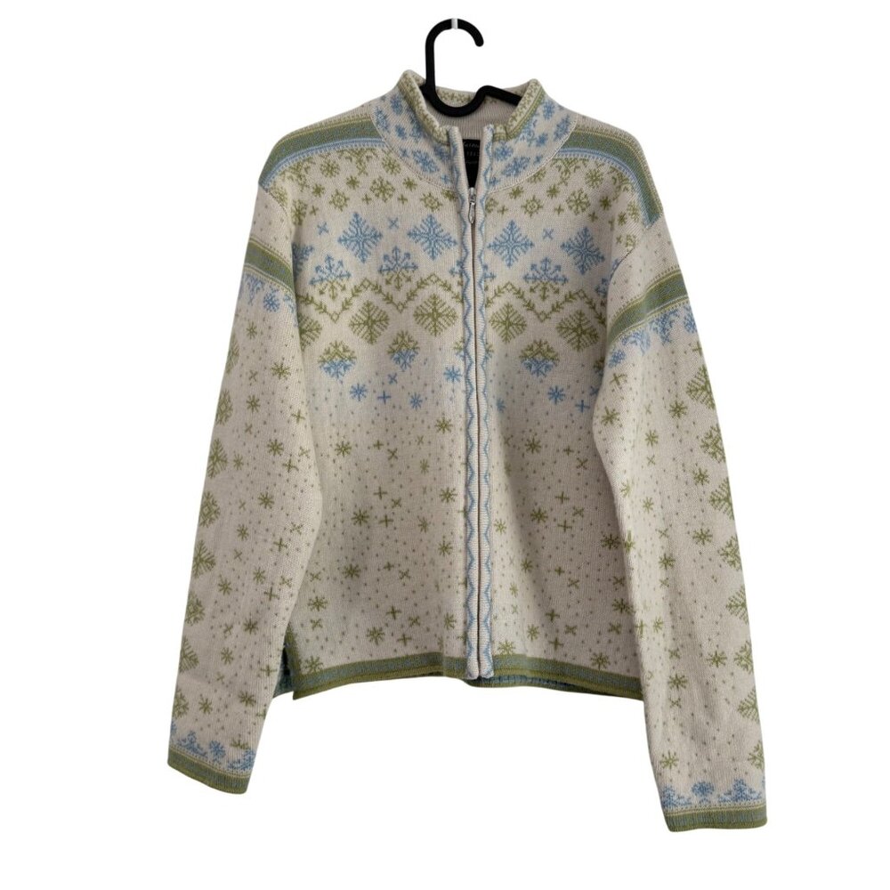 VTG Obermeyer Signature Green Blue Fair Isle Wool Full Zip Sweater Womens Medium